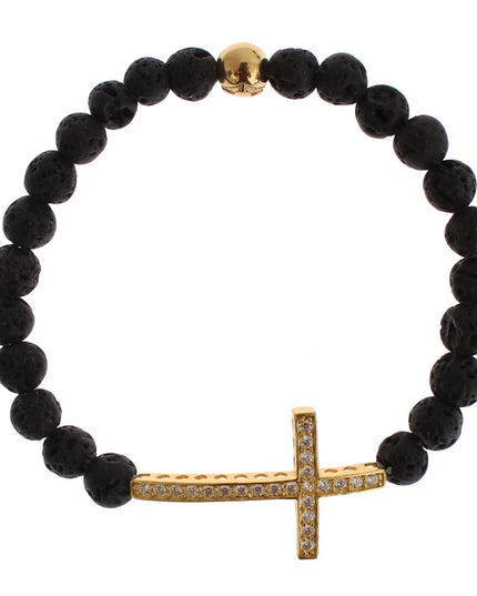 Nialaya Lava Stone Gold Clear CZ Cross 925 Silver Bracelet