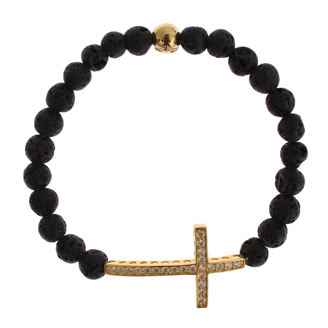 Nialaya Lava Stone Gold Clear CZ Cross 925 Silver Bracelet