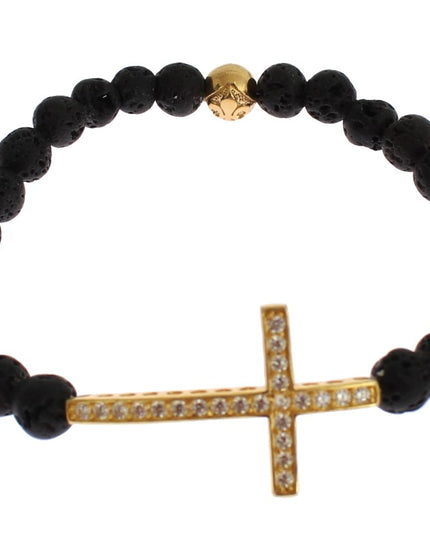 Nialaya Lava Stone Gold Clear CZ Cross 925 Silver Bracelet