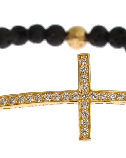 Nialaya Lava Stone Gold Clear CZ Cross 925 Silver Bracelet