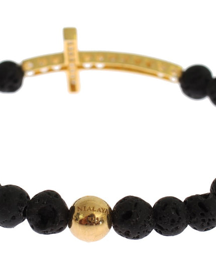 Nialaya Lava Stone Gold Clear CZ Cross 925 Silver Bracelet
