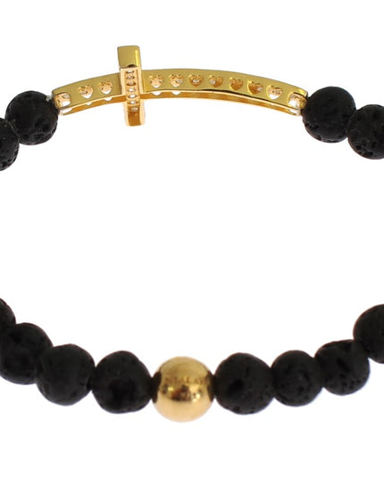 Nialaya Lava Stone Gold Clear CZ Cross 925 Silver Bracelet