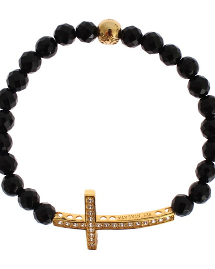 Nialaya Agate Stone Gold CZ Cross 925 Silver Bracelet