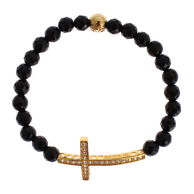 Nialaya Agate Stone Gold CZ Cross 925 Silver Bracelet