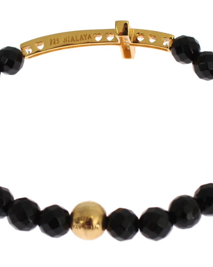 Nialaya Agate Stone Gold CZ Cross 925 Silver Bracelet