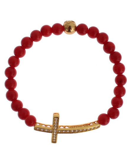 Nialaya Red Coral Gold CZ Cross 925 Silver Bracelet