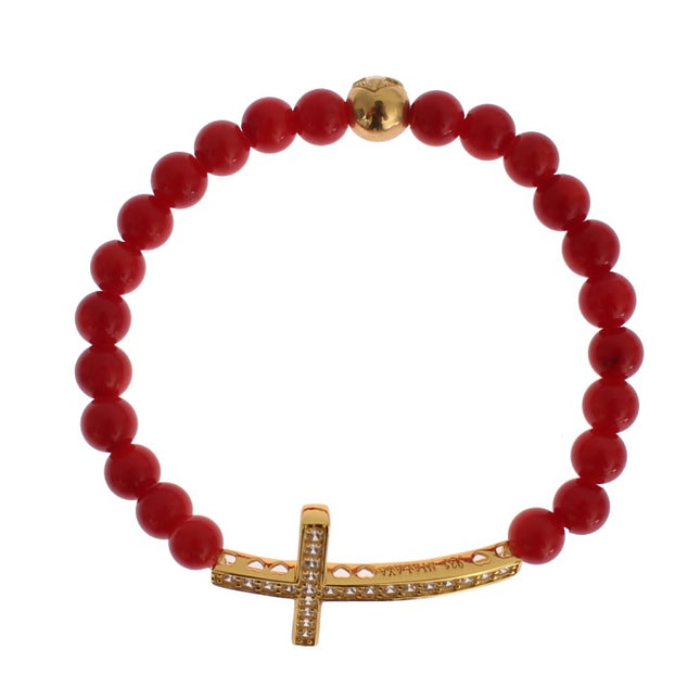 Nialaya Red Coral Gold CZ Cross 925 Silver Bracelet