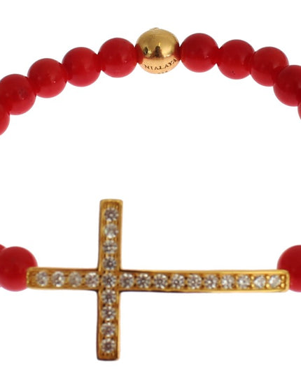 Nialaya Red Coral Gold CZ Cross 925 Silver Bracelet