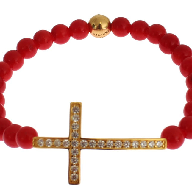 Nialaya Red Coral Gold CZ Cross 925 Silver Bracelet