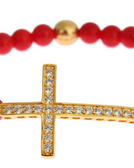 Nialaya Red Coral Gold CZ Cross 925 Silver Bracelet