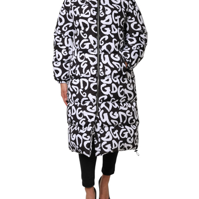 Dolce & Gabbana Black White DG Mania Hooded Long Coat Jacket