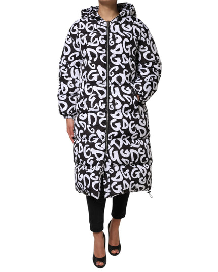 Dolce & Gabbana Black White DG Mania Hooded Long Coat Jacket