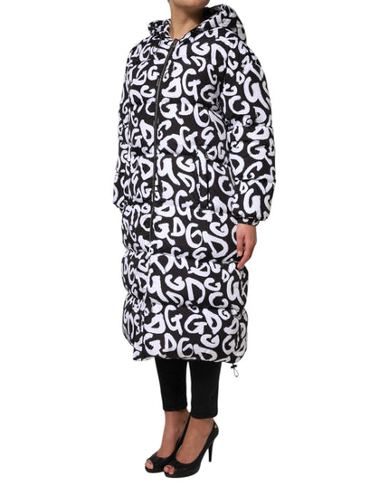Dolce & Gabbana Black White DG Mania Hooded Long Coat Jacket