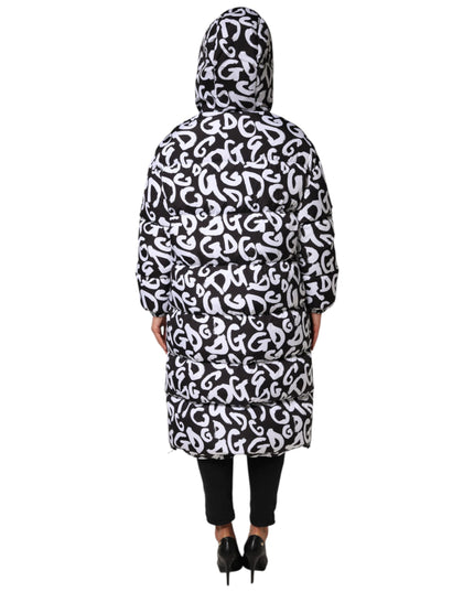 Dolce & Gabbana Black White DG Mania Hooded Long Coat Jacket