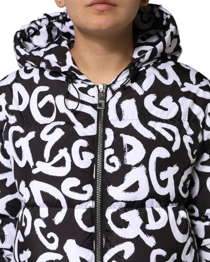 Dolce & Gabbana Black White DG Mania Hooded Long Coat Jacket