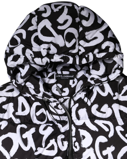 Dolce & Gabbana Black White DG Mania Hooded Long Coat Jacket