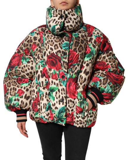 Dolce & Gabbana Multicolor Leopard Rose Puffer Quilted Jacket
