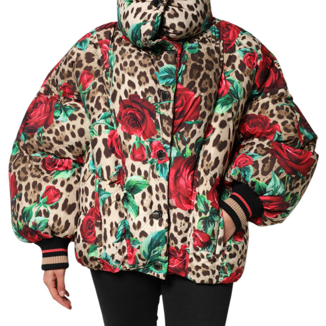 Dolce & Gabbana Multicolor Leopard Rose Puffer Quilted Jacket