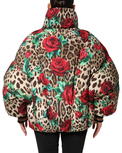 Dolce & Gabbana Multicolor Leopard Rose Puffer Quilted Jacket