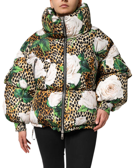 Dolce & Gabbana Multicolor Leopard Rose Puffer Quilted Jacket