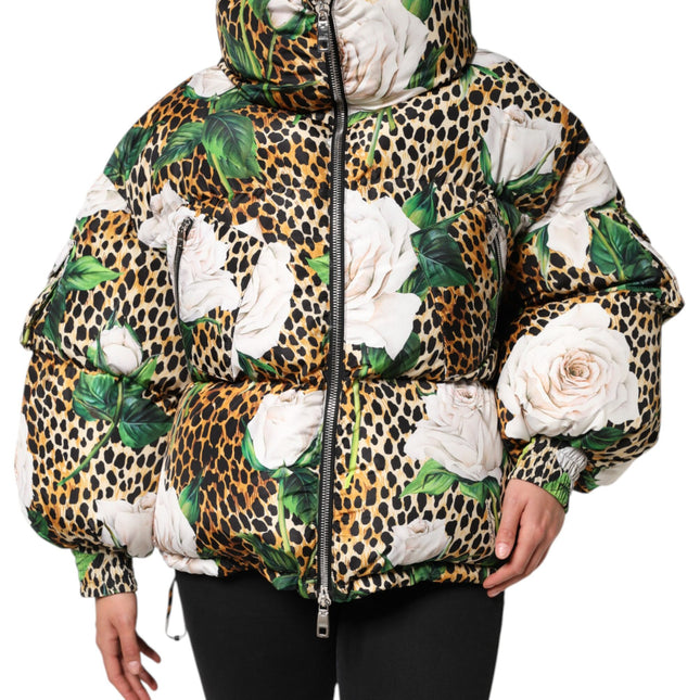 Dolce & Gabbana Multicolor Leopard Rose Puffer Quilted Jacket