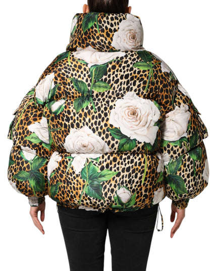 Dolce & Gabbana Multicolor Leopard Rose Puffer Quilted Jacket