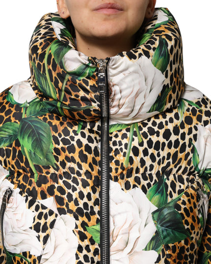 Dolce & Gabbana Multicolor Leopard Rose Puffer Quilted Jacket