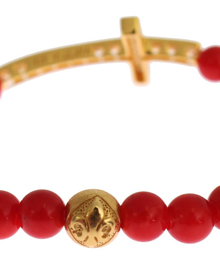 Nialaya Red Coral Gold CZ Cross 925 Silver Bracelet