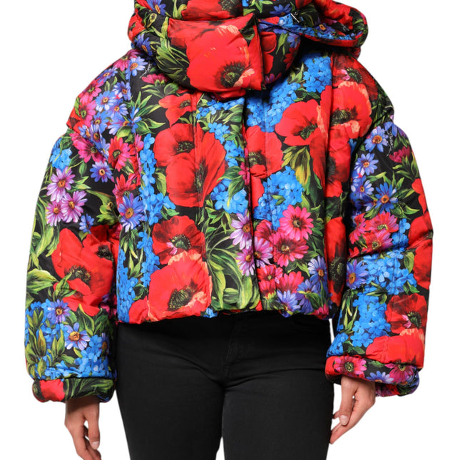 Dolce & Gabbana Multicolor Floral Hooded Puffer Coat Jacket