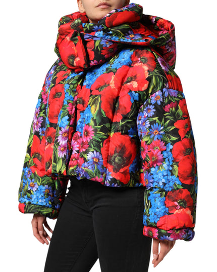 Dolce & Gabbana Multicolor Floral Hooded Puffer Coat Jacket