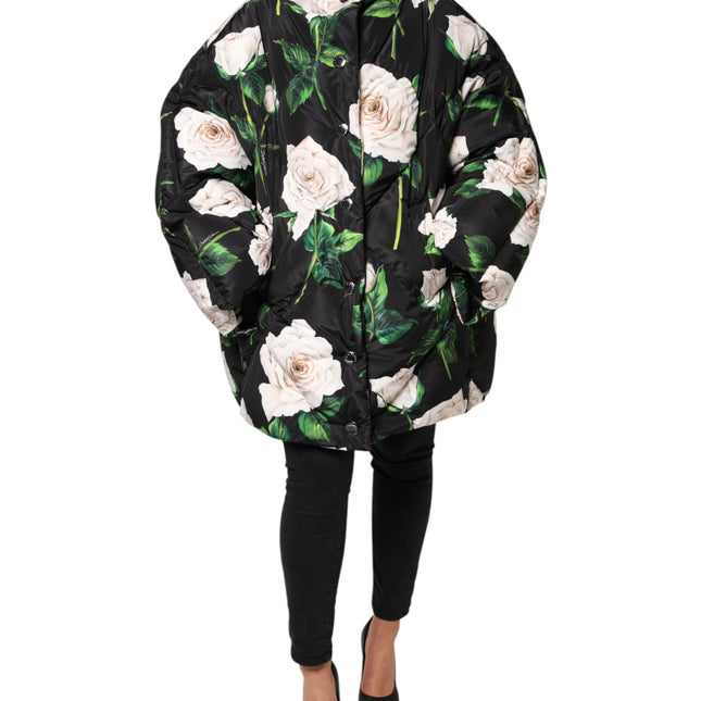 Dolce & Gabbana Black Floral Print Puffer Quilted Jacket