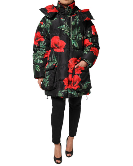 Dolce & Gabbana Black Floral Polyester Hooded Quilted Jacket