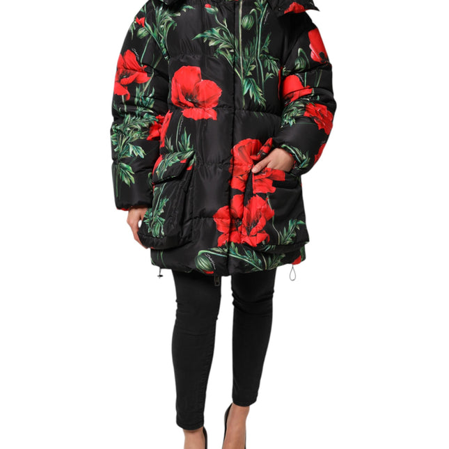 Dolce & Gabbana Black Floral Polyester Hooded Quilted Jacket