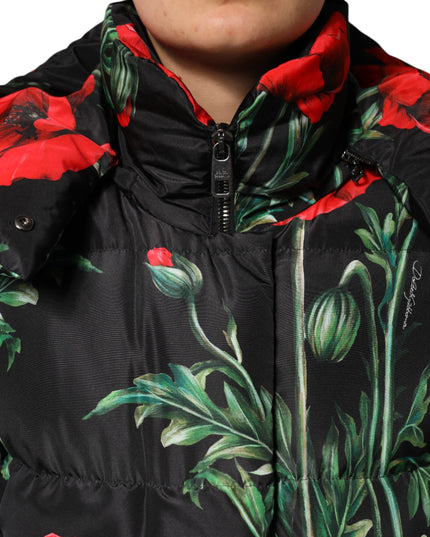 Dolce & Gabbana Black Floral Polyester Hooded Quilted Jacket
