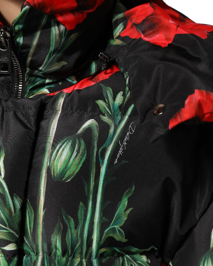 Dolce & Gabbana Black Floral Polyester Hooded Quilted Jacket