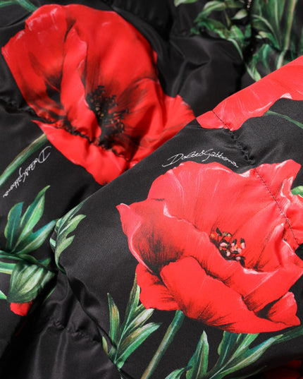 Dolce & Gabbana Black Floral Polyester Hooded Quilted Jacket