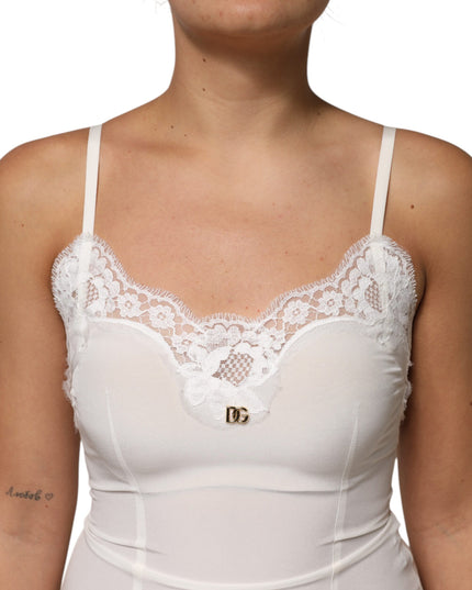 Dolce & Gabbana White Lace Gold DG Logo Silk Dress Sleepwear