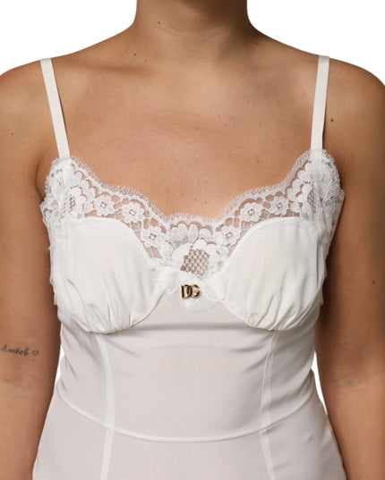 Dolce & Gabbana White Lace DG Logo Silk Dress Sleepwear