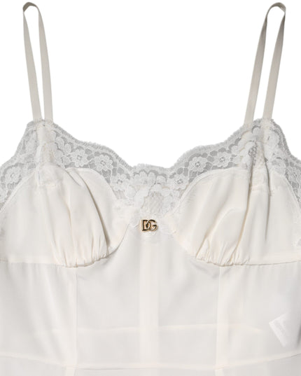 Dolce & Gabbana White Lace DG Logo Silk Dress Sleepwear