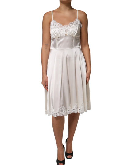 Dolce & Gabbana White Lace DG Logo Silk Dress Sleepwear