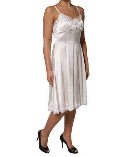 Dolce & Gabbana White Lace DG Logo Silk Dress Sleepwear