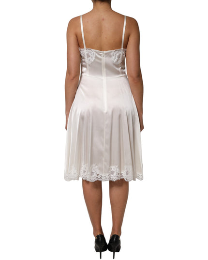 Dolce & Gabbana White Lace DG Logo Silk Dress Sleepwear