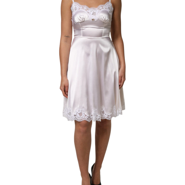 Dolce & Gabbana White Lace Gold DG Logo Silk Dress Sleepwear