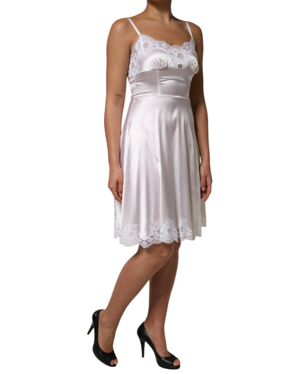 Dolce & Gabbana White Lace Gold DG Logo Silk Dress Sleepwear