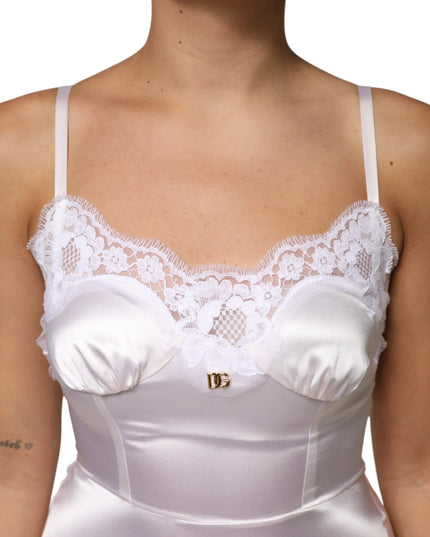Dolce & Gabbana White Lace Gold DG Logo Silk Dress Sleepwear