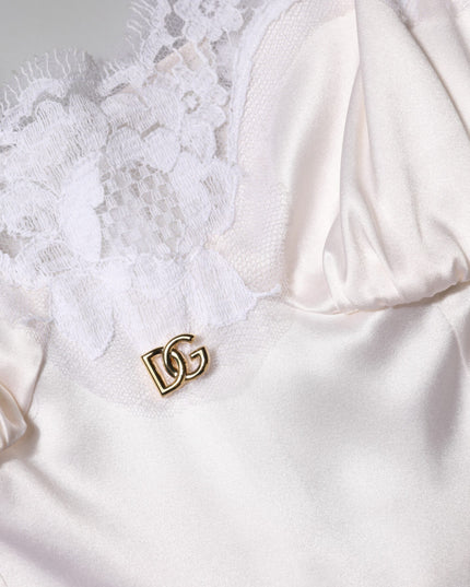 Dolce & Gabbana White Lace Gold DG Logo Silk Dress Sleepwear