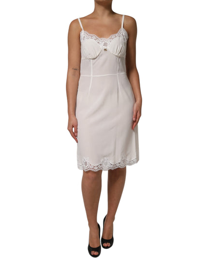 Dolce & Gabbana White Lace Gold DG Logo Silk Dress Sleepwear