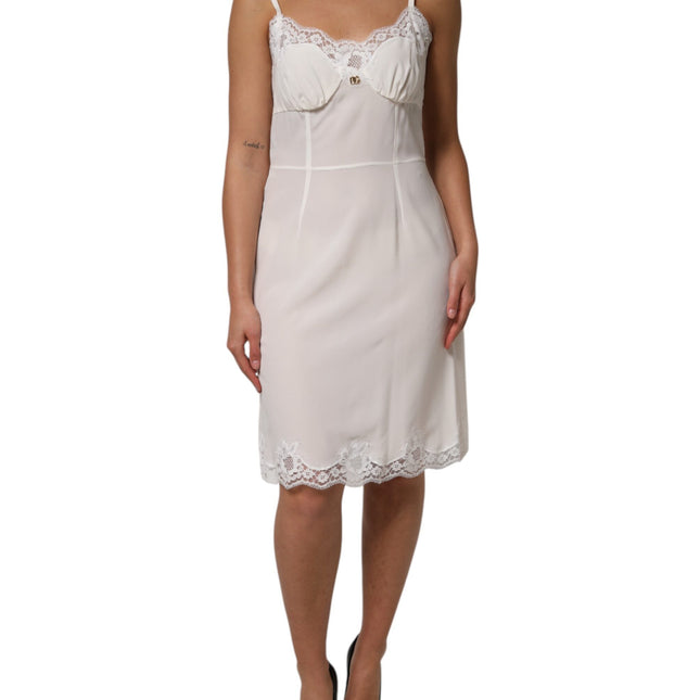 Dolce & Gabbana White Lace Gold DG Logo Silk Dress Sleepwear