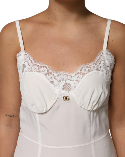 Dolce & Gabbana White Lace Gold DG Logo Silk Dress Sleepwear