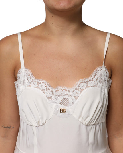 Dolce & Gabbana White Lace Gold DG Logo Silk Dress Sleepwear